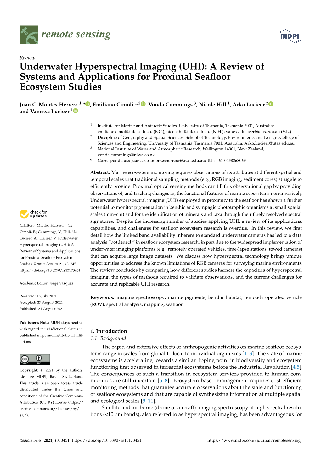 Underwater Hyperspectral Imaging (UHI): a Review of Systems and Applications for Proximal Seaﬂoor Ecosystem Studies