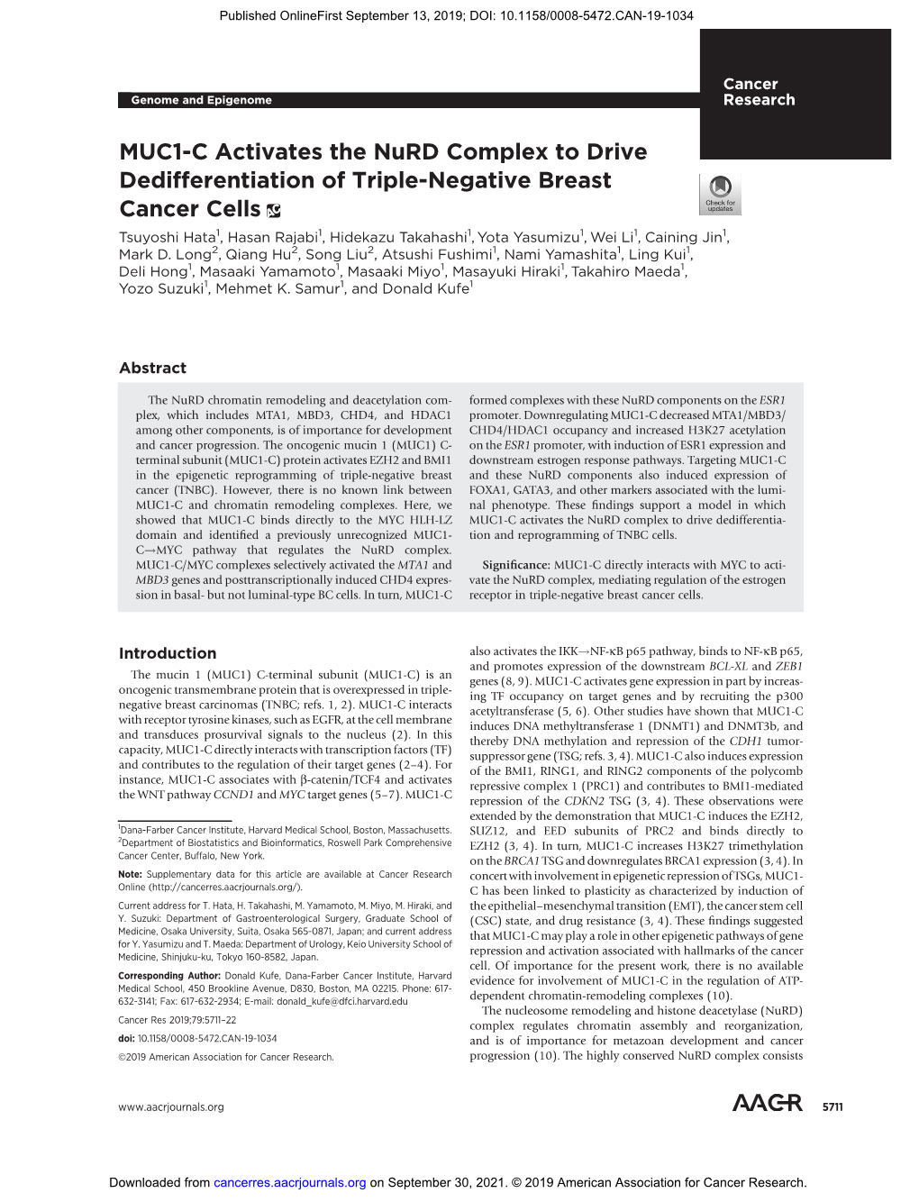 MUC1-C Activates the Nurd Complex to Drive Dedifferentiation of Triple