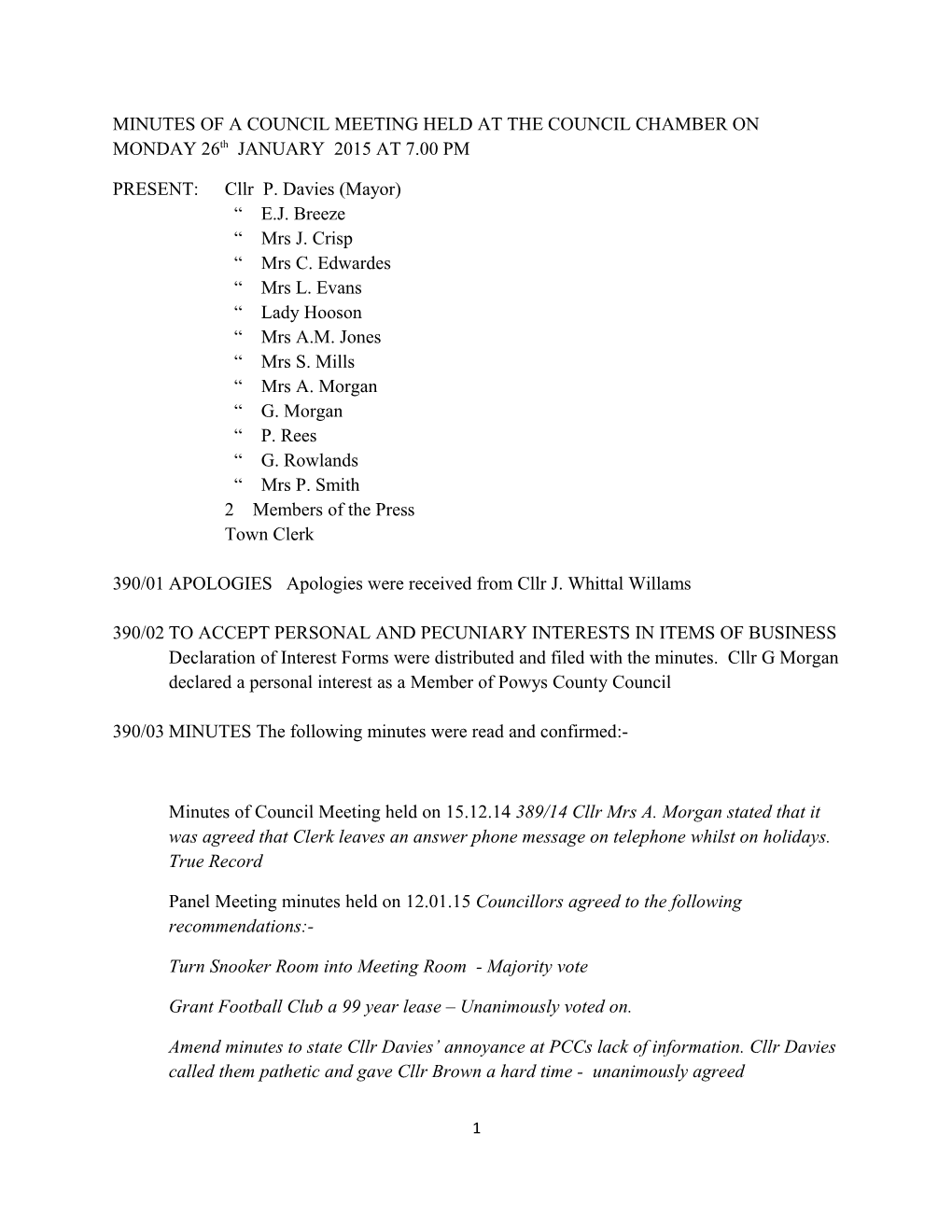 MINUTES of a COUNCIL MEETING HELD at the COUNCIL CHAMBER on MONDAY 26Th JANUARY 2015 at 7.00 PM