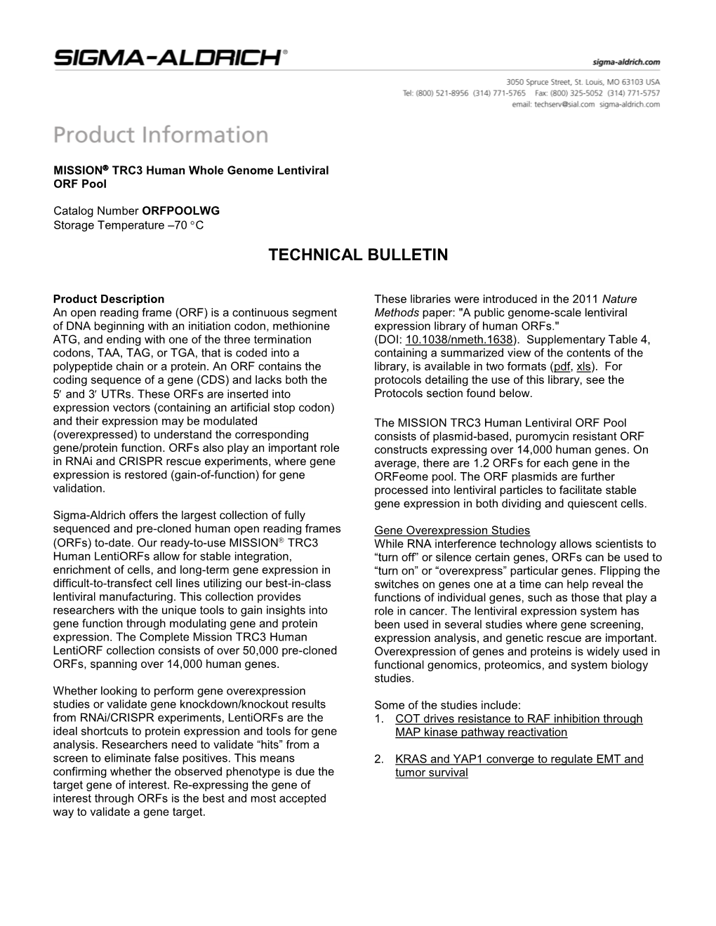 MISSION TRC3 Human Whole Genome Lentiviral ORF Pool