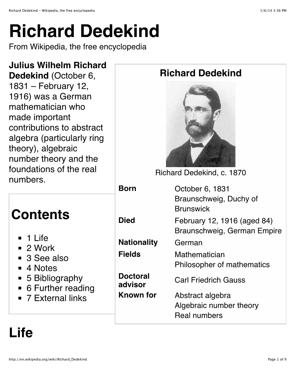 Richard Dedekind - Wikipedia, the Free Encyclopedia 1/6/14 3:36 PM Richard Dedekind from Wikipedia, the Free Encyclopedia