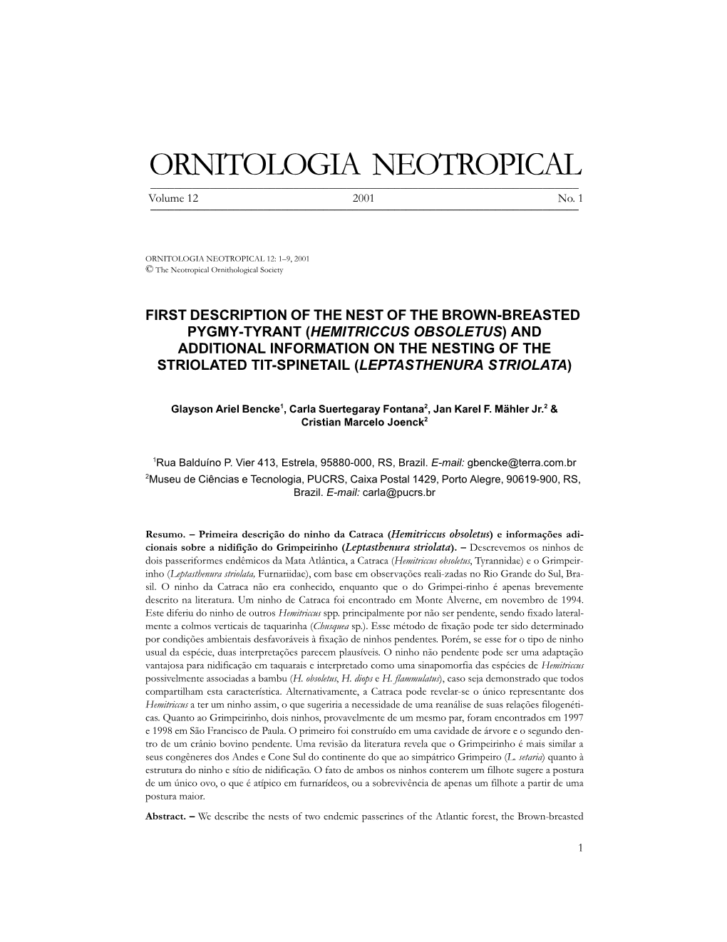 ORNITOLOGIA NEOTROPICAL ______Volume 12 2001 No