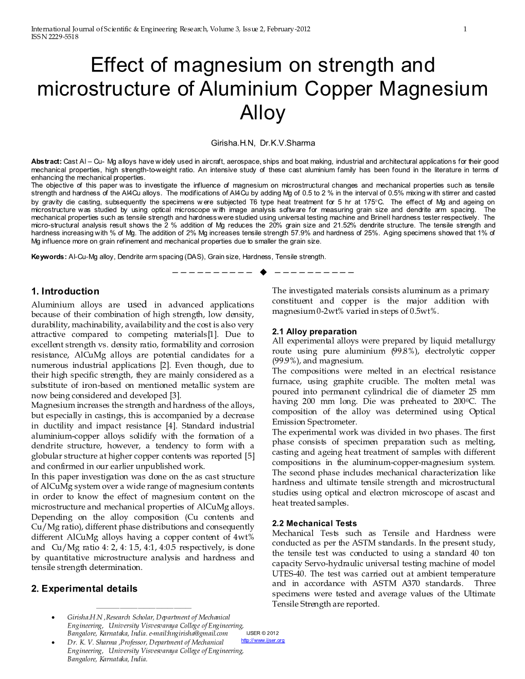 Effect of Magnesium on Strength and Microstructure of Aluminium Copper Magnesium Alloy