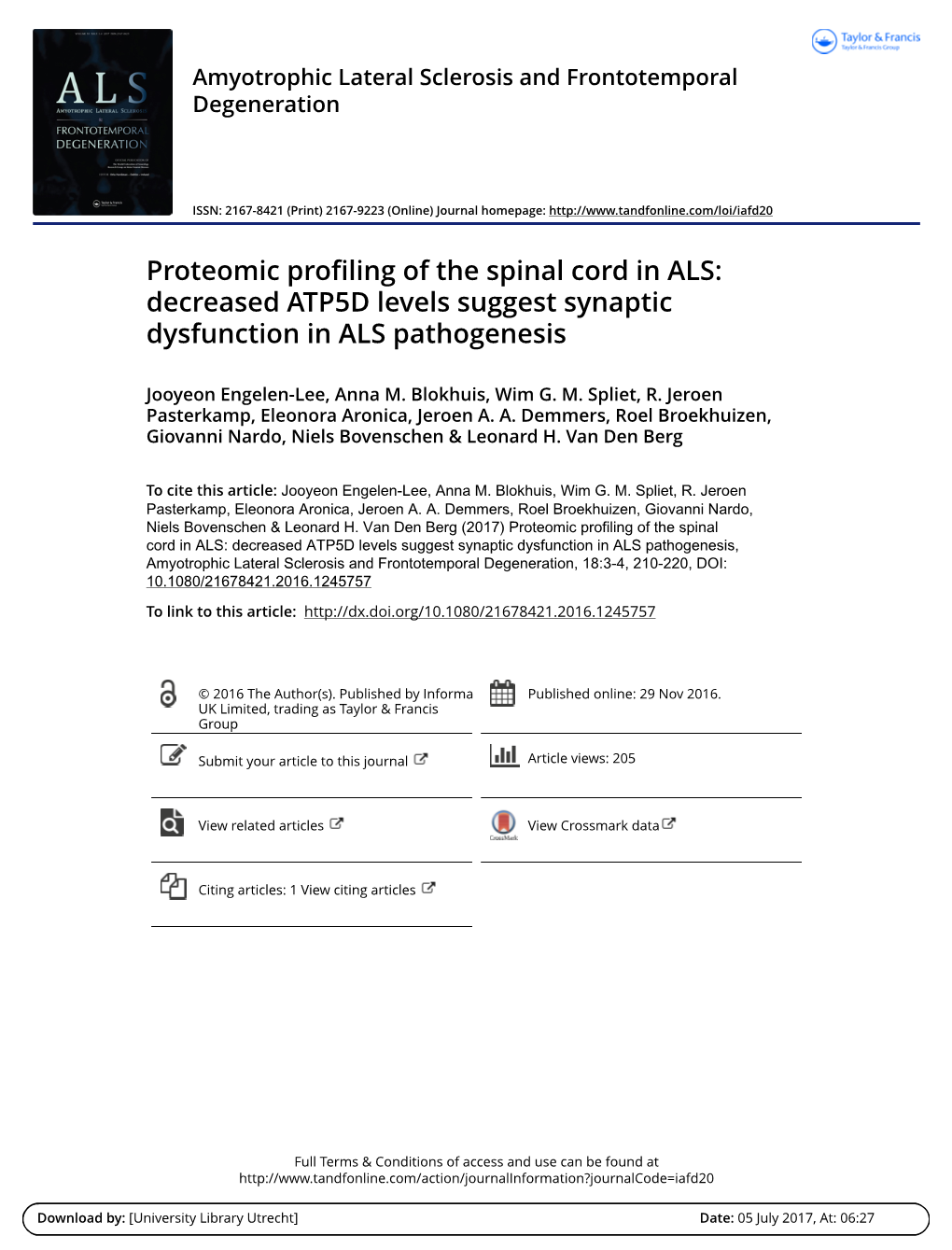 Proteomic Profiling of the Spinal Cord in ALS: Decreased ATP5D Levels Suggest Synaptic Dysfunction in ALS Pathogenesis
