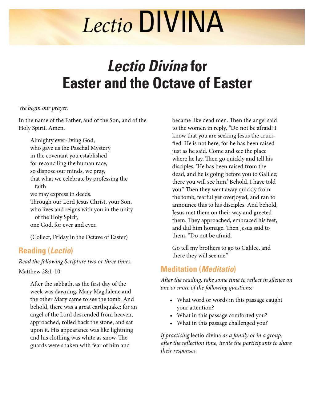 Lectio Divina for Easter and the Octave of Easter