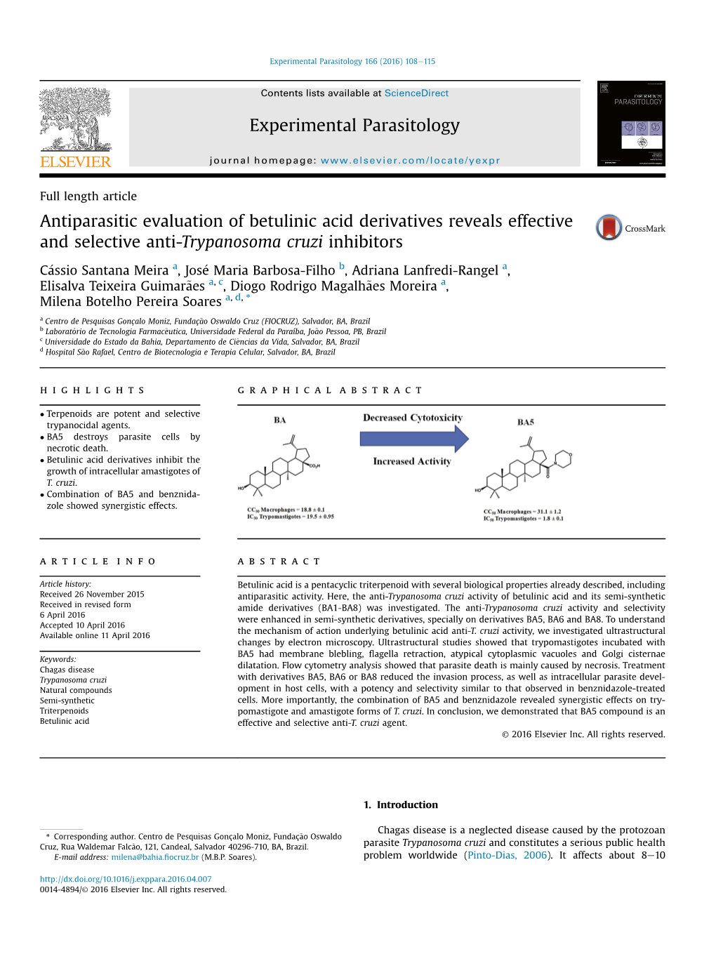 Antiparasitic Evaluation of Betulinic Acid Derivatives Reveals Effective and Selective Anti-Trypanosoma Cruzi Inhibitors