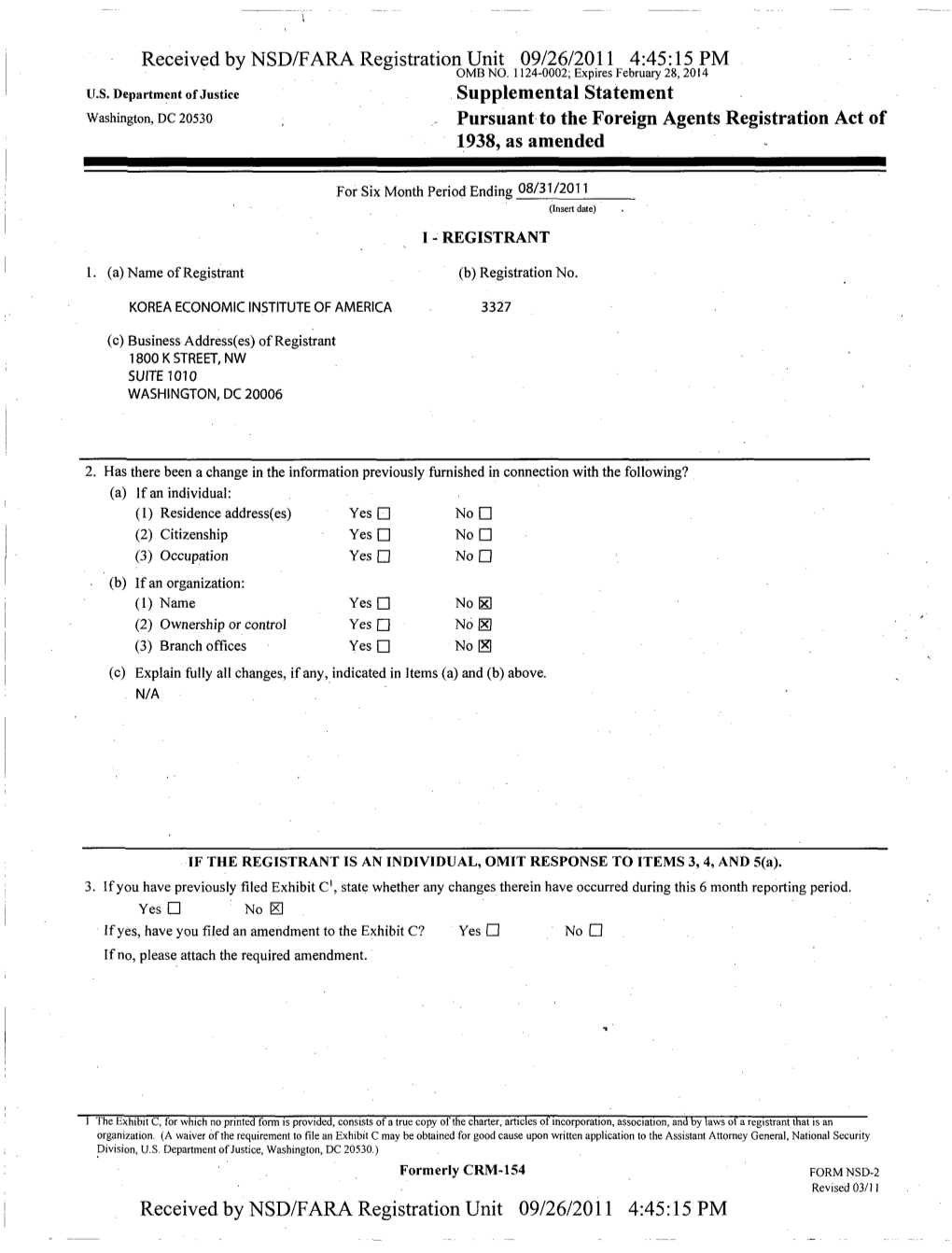 Received by NSD/FARA Registration Unit 09/26/2011 4:45:15 PM U.S. Department of Justice Short-Form Registrati on Statement OMBNQ