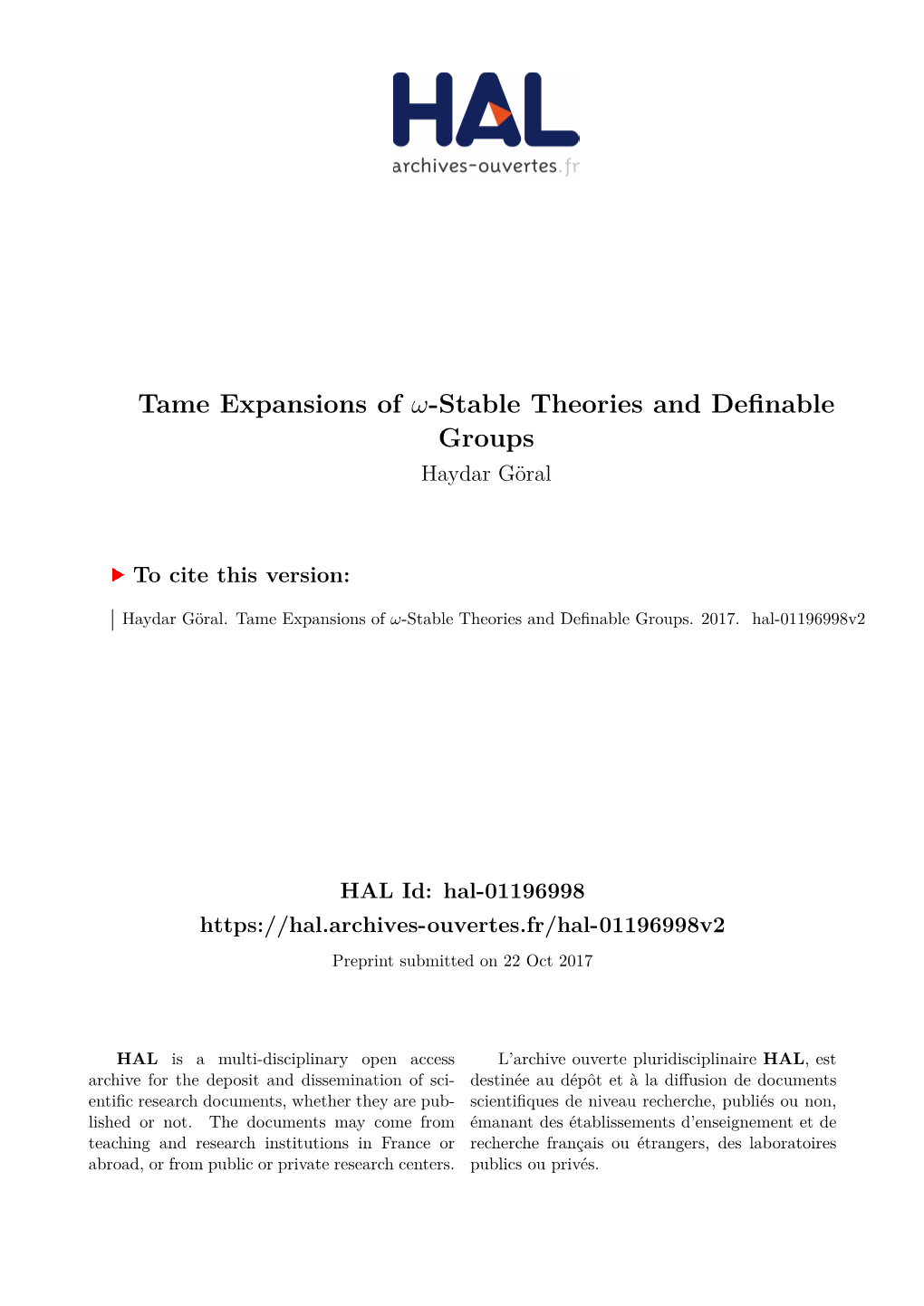 Stable Theories and Definable Groups Haydar Göral