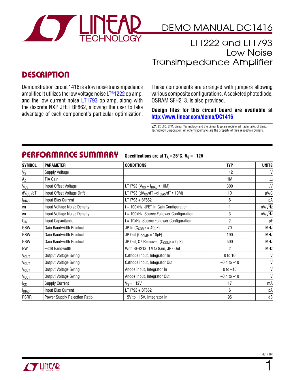 DC1416 – LT1222 and LT1793 Low Noise Transimpedance Amplifier