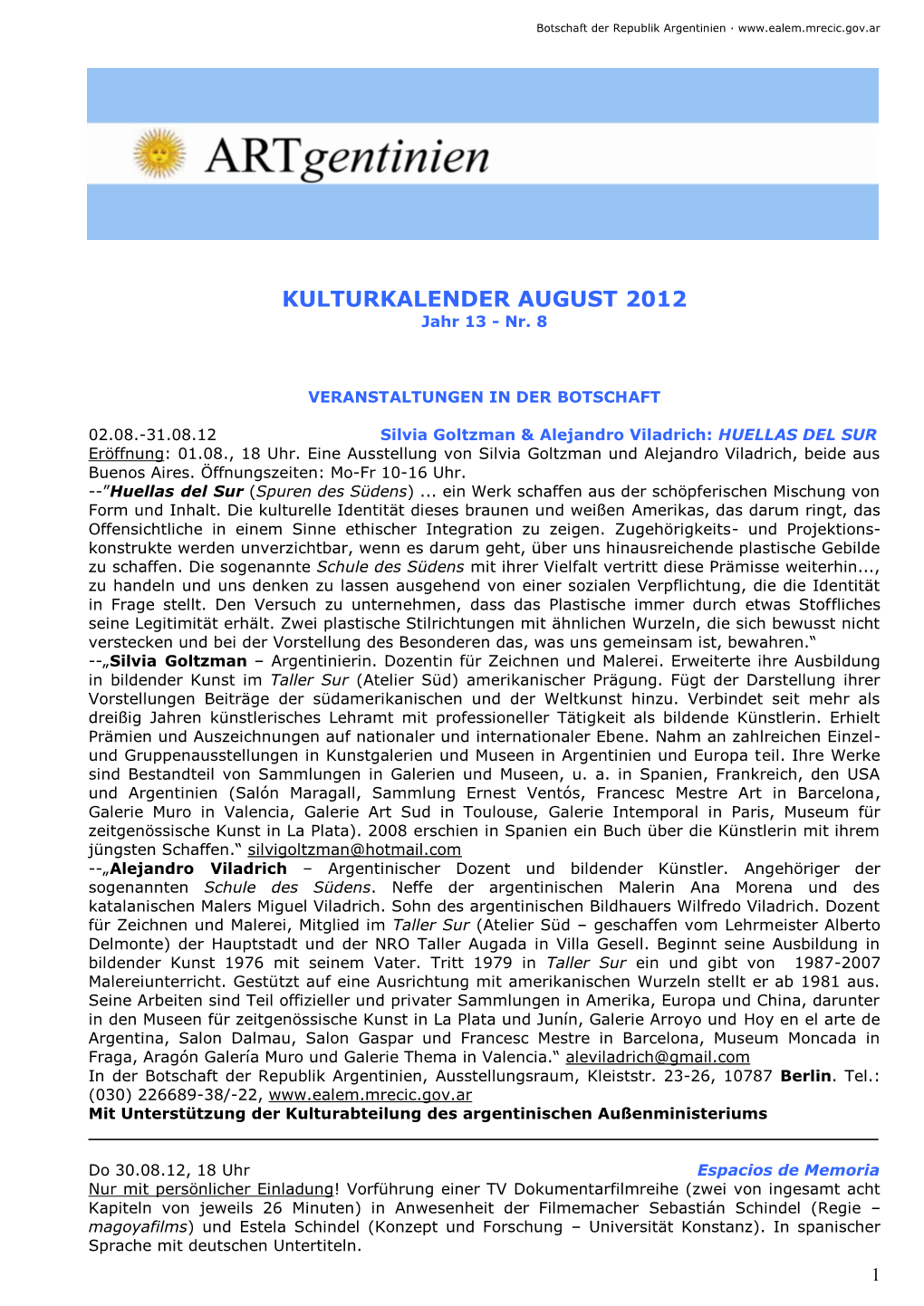 KULTURKALENDER AUGUST 2012 Jahr 13 - Nr