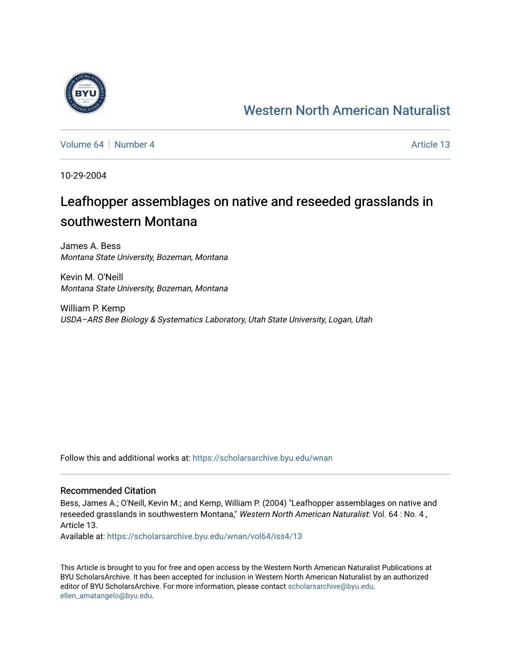Leafhopper Assemblages on Native and Reseeded Grasslands in Southwestern Montana