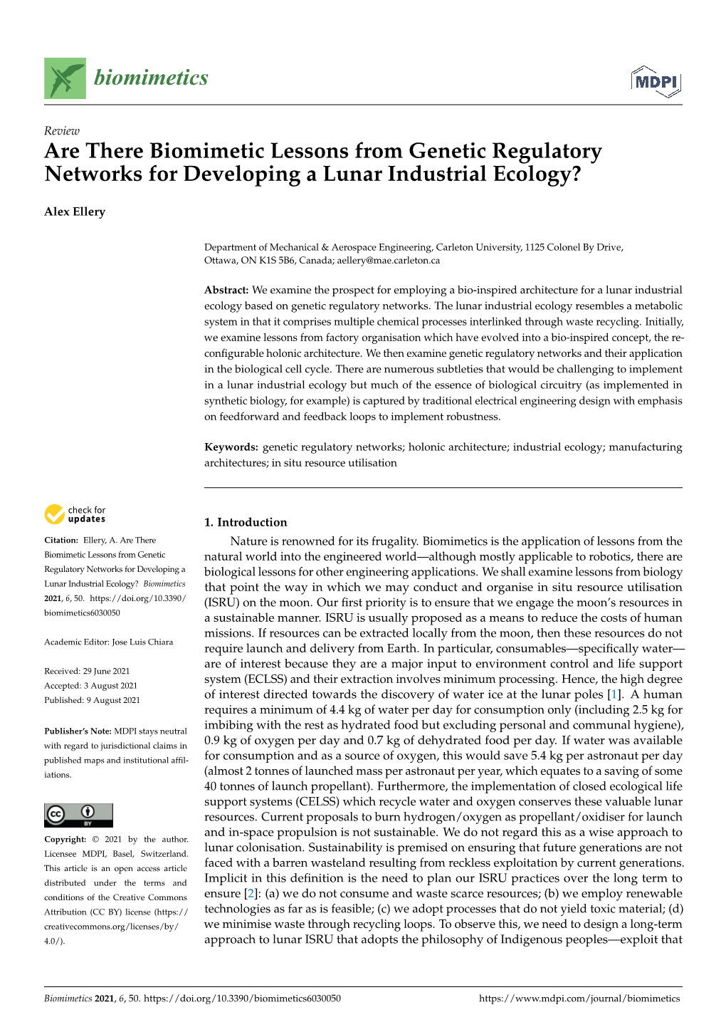 Are There Biomimetic Lessons from Genetic Regulatory Networks for Developing a Lunar Industrial Ecology?