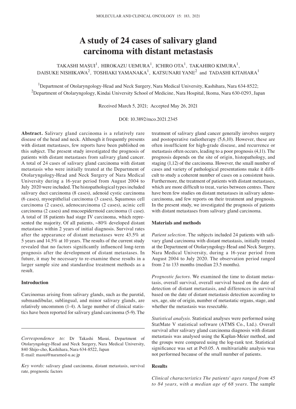 A Study of 24 Cases of Salivary Gland Carcinoma with Distant Metastasis