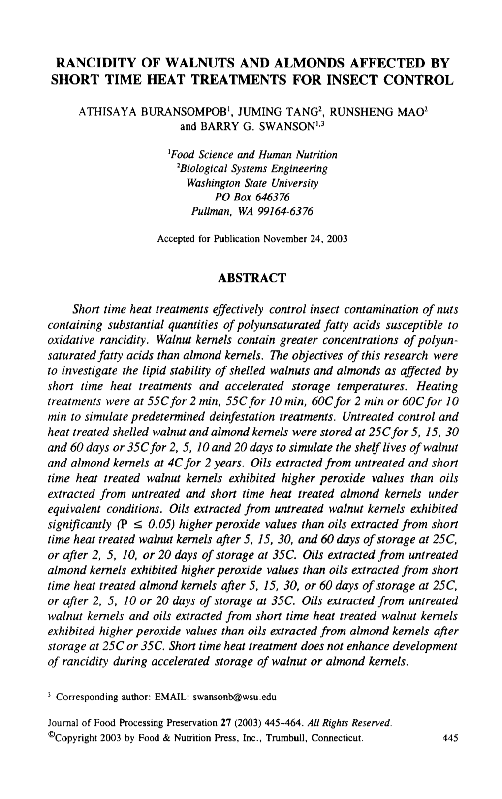 Rancidity of Walnuts and Almonds Affected by Short Time Heat Treatments for Insect Control