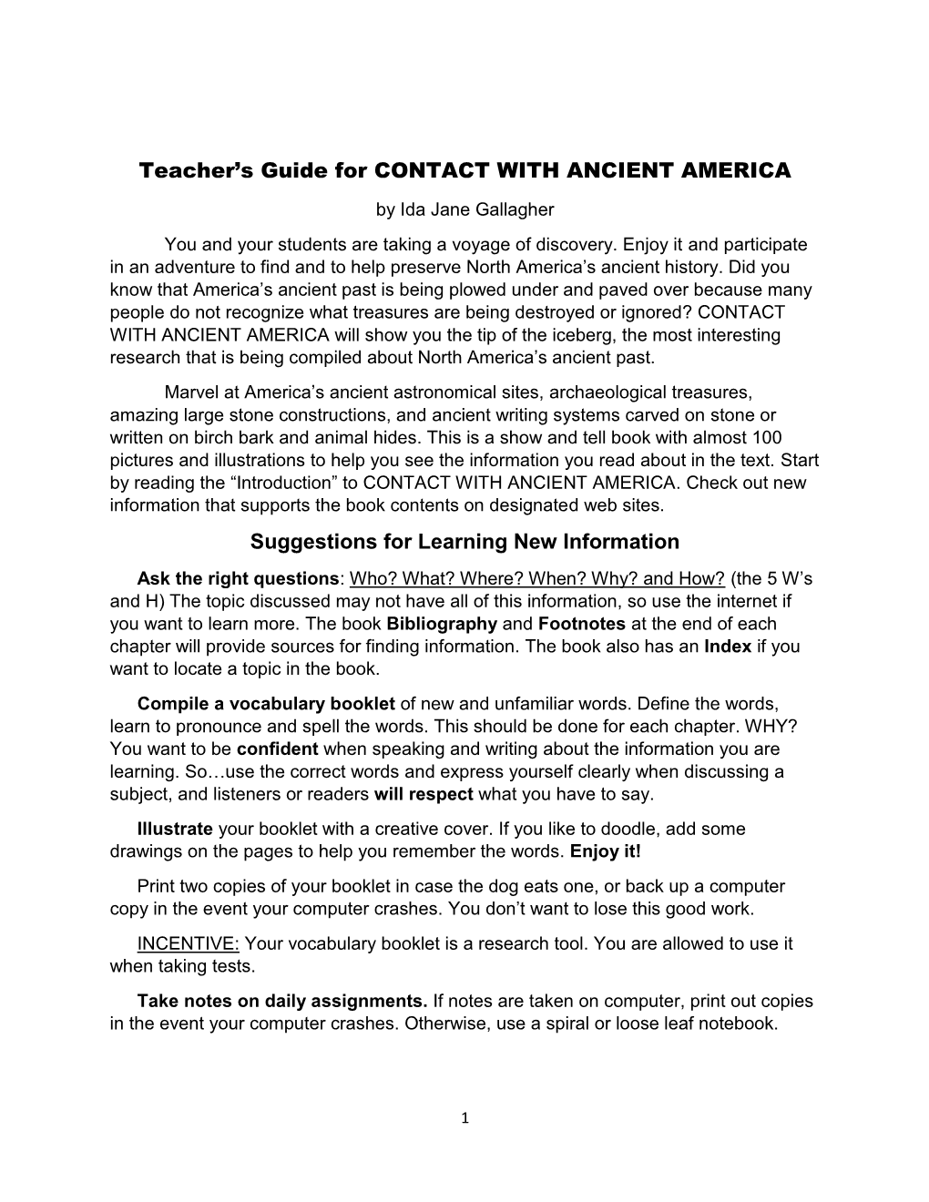 Teacher's Guide for CONTACT with ANCIENT AMERICA Suggestions