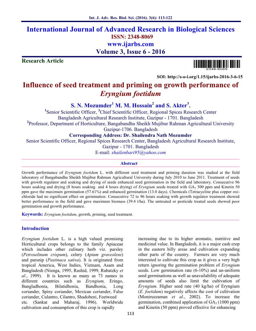 Influence of Seed Treatment and Priming on Growth Performance of Eryngium Foetidum S