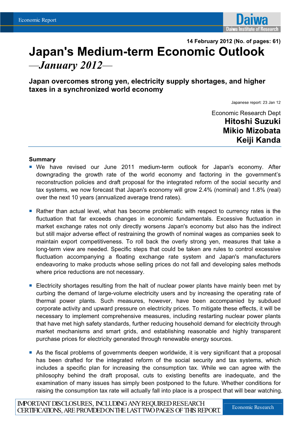 Japan's Medium-Term Economic Outlook: January 2012 2