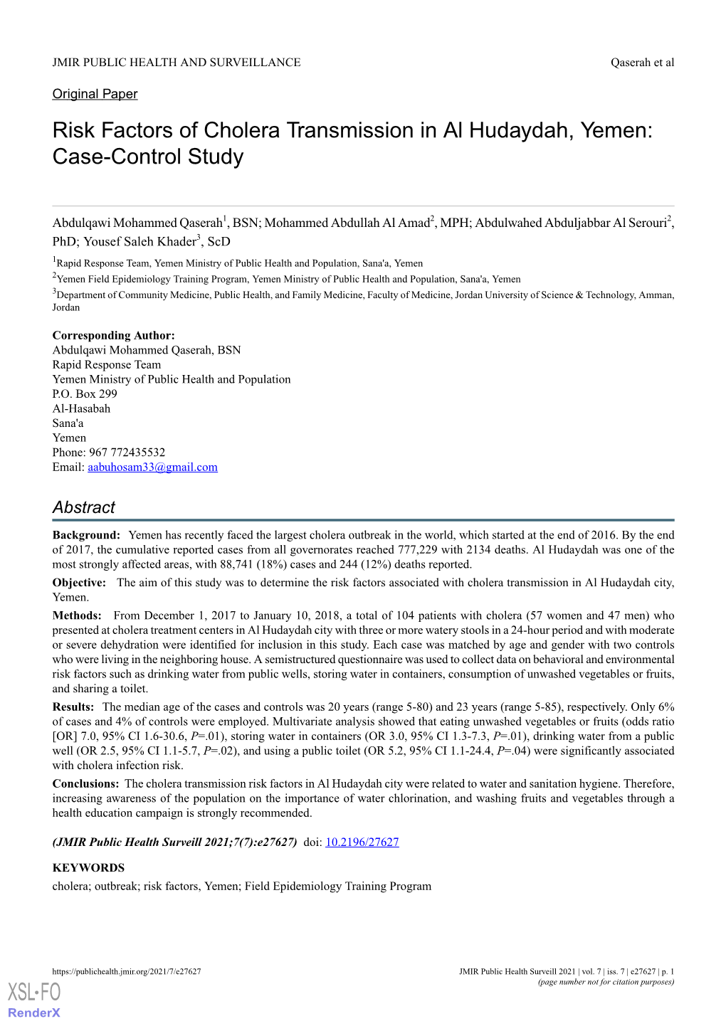 Risk Factors of Cholera Transmission in Al Hudaydah, Yemen: Case-Control Study