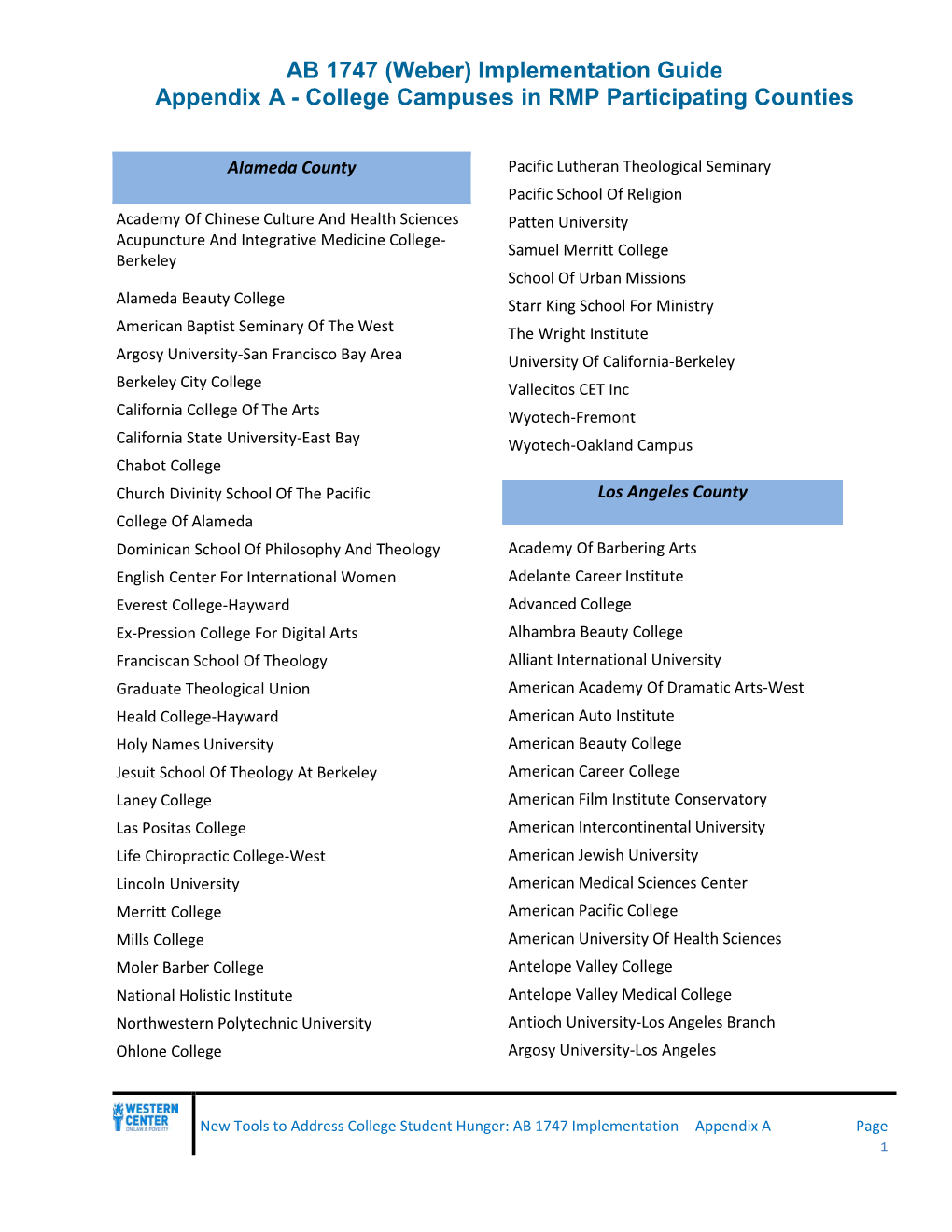 AB 1747 (Weber) Implementation Guide Appendix a - College Campuses in RMP Participating Counties