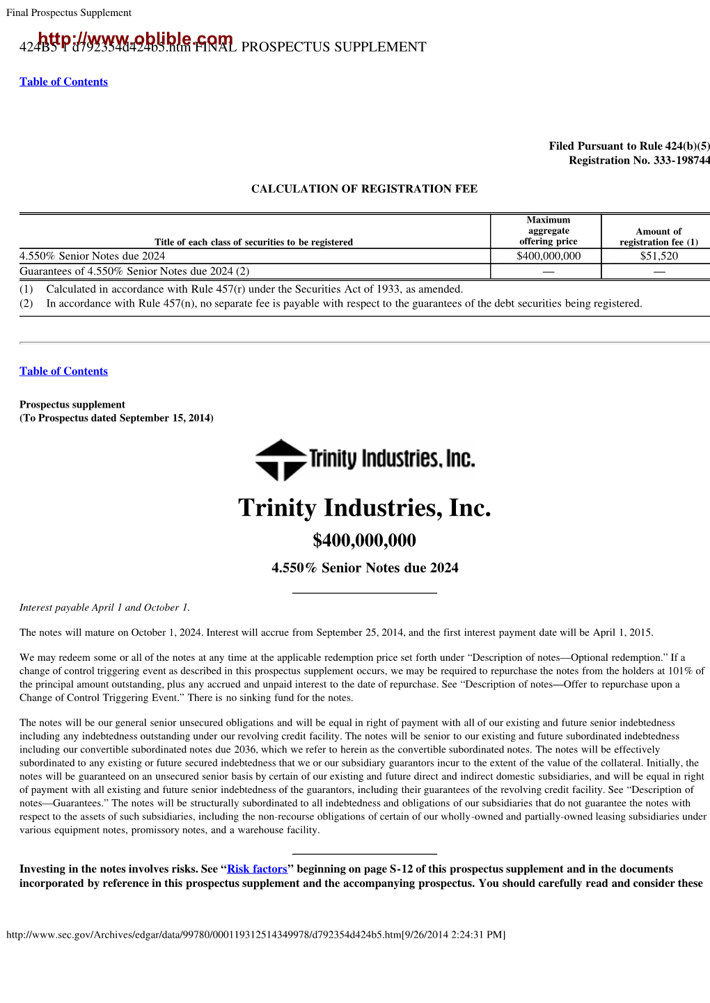 Trinity Industries, Inc. $400,000,000 4.550% Senior Notes Due 2024