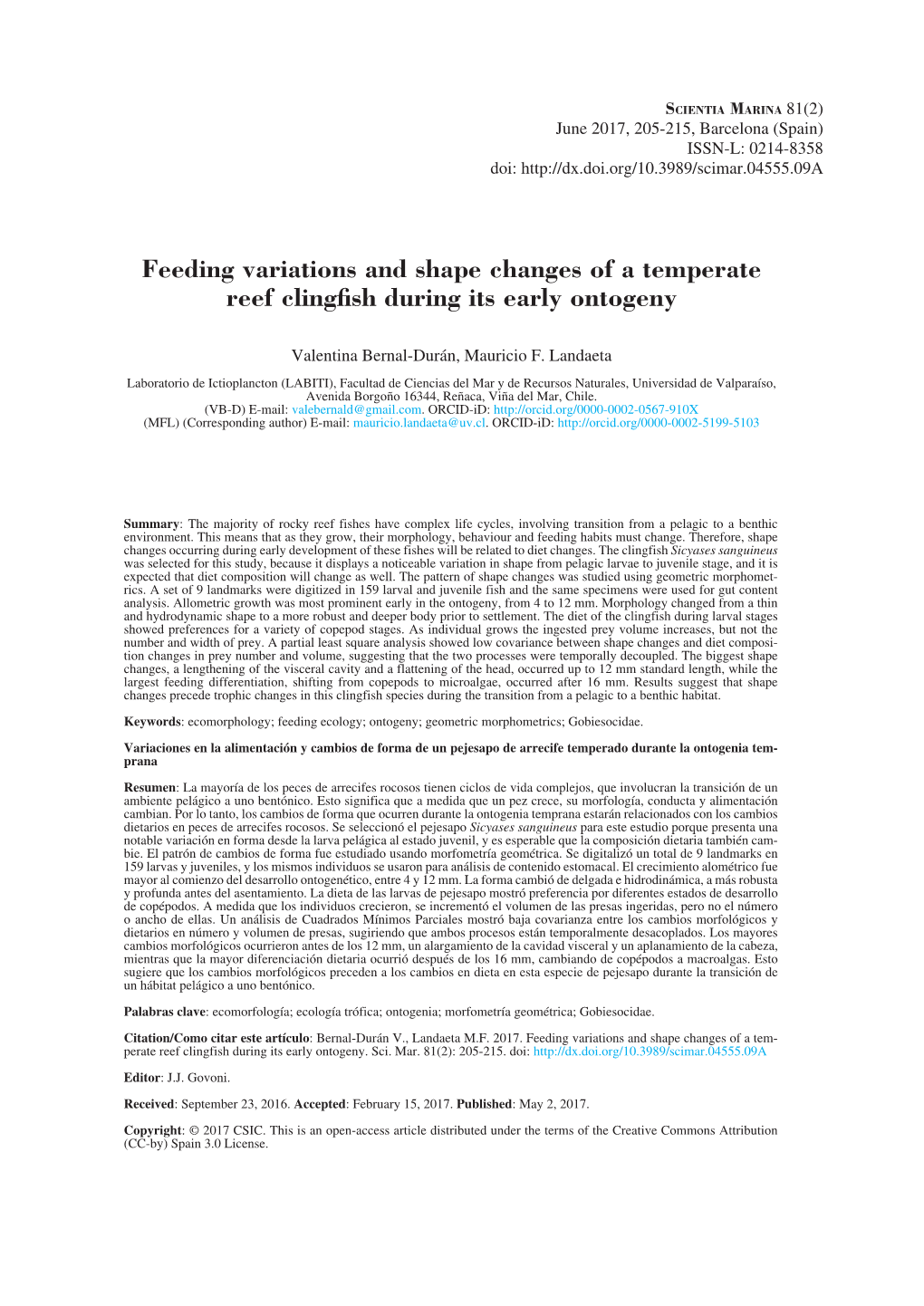 Feeding Variations and Shape Changes of a Temperate Reef Clingfish During Its Early Ontogeny