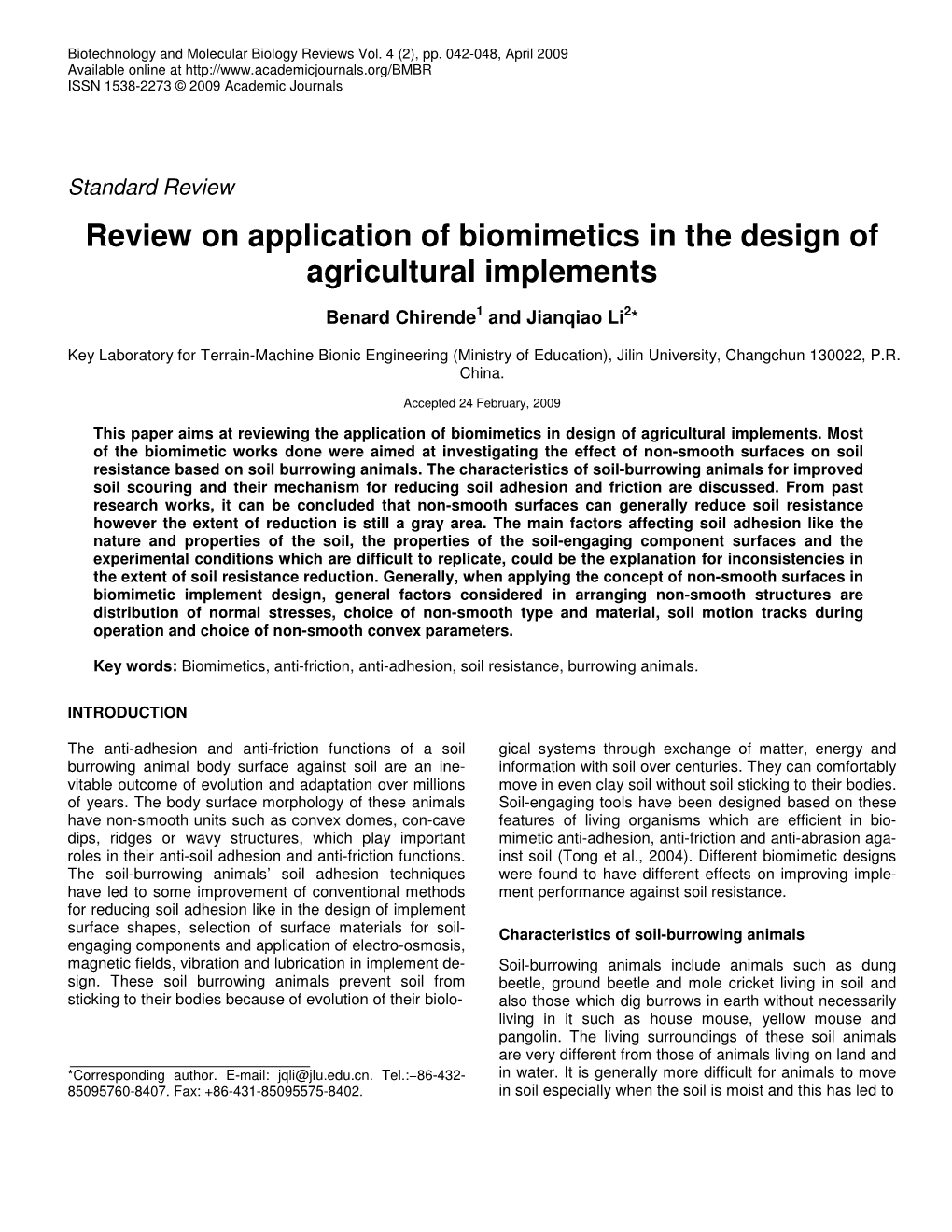 Review on Application of Biomimetics in the Design of Agricultural Implements