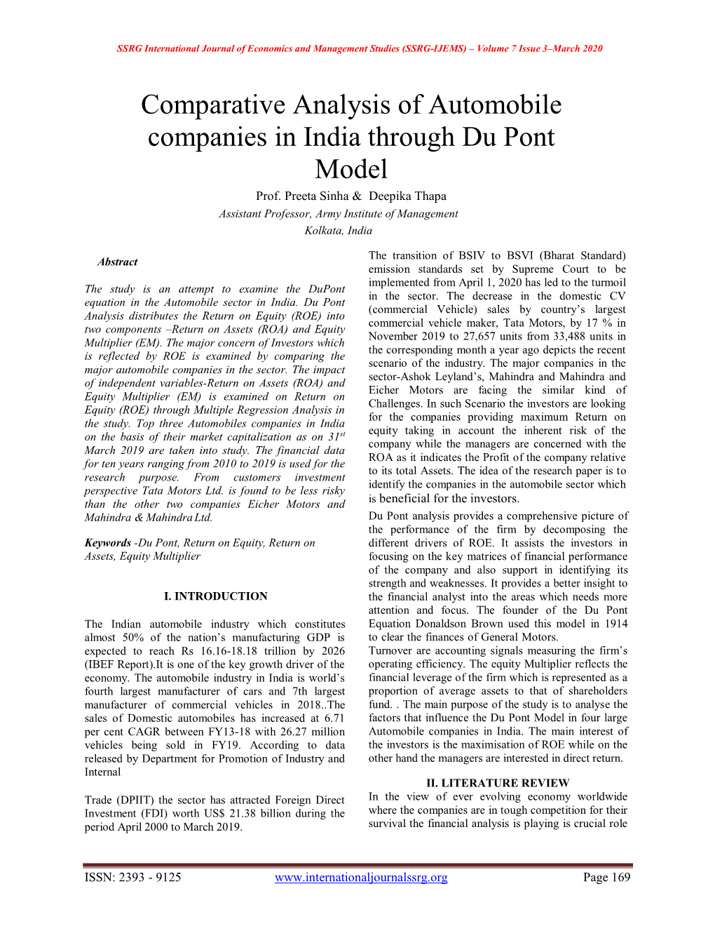 Comparative Analysis of Automobile Companies in India Through Du Pont Model Prof