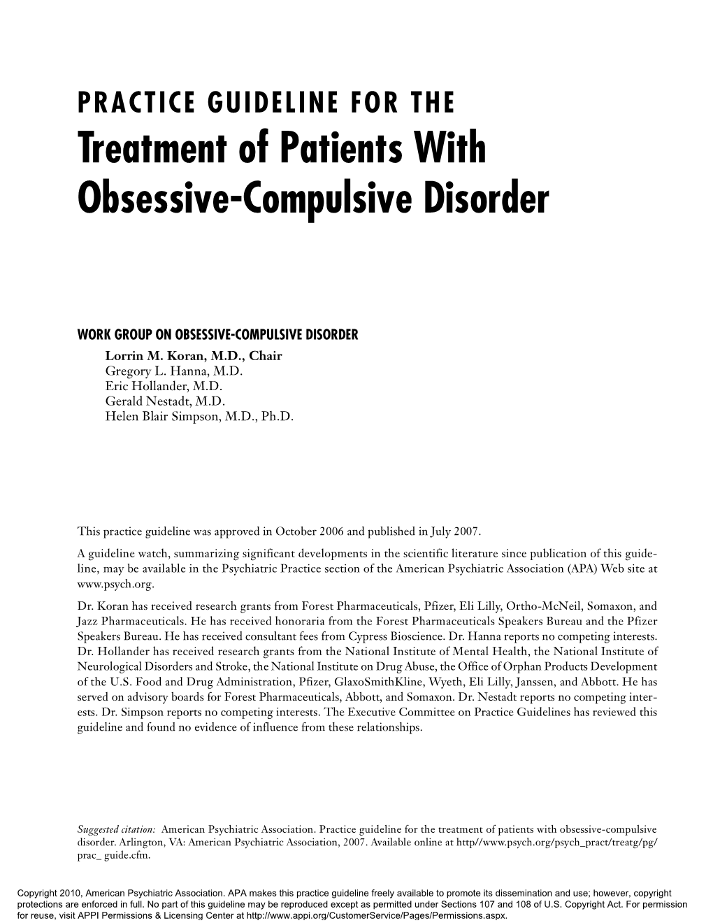 Treatment of Patients with Obsessive-Compulsive Disorder