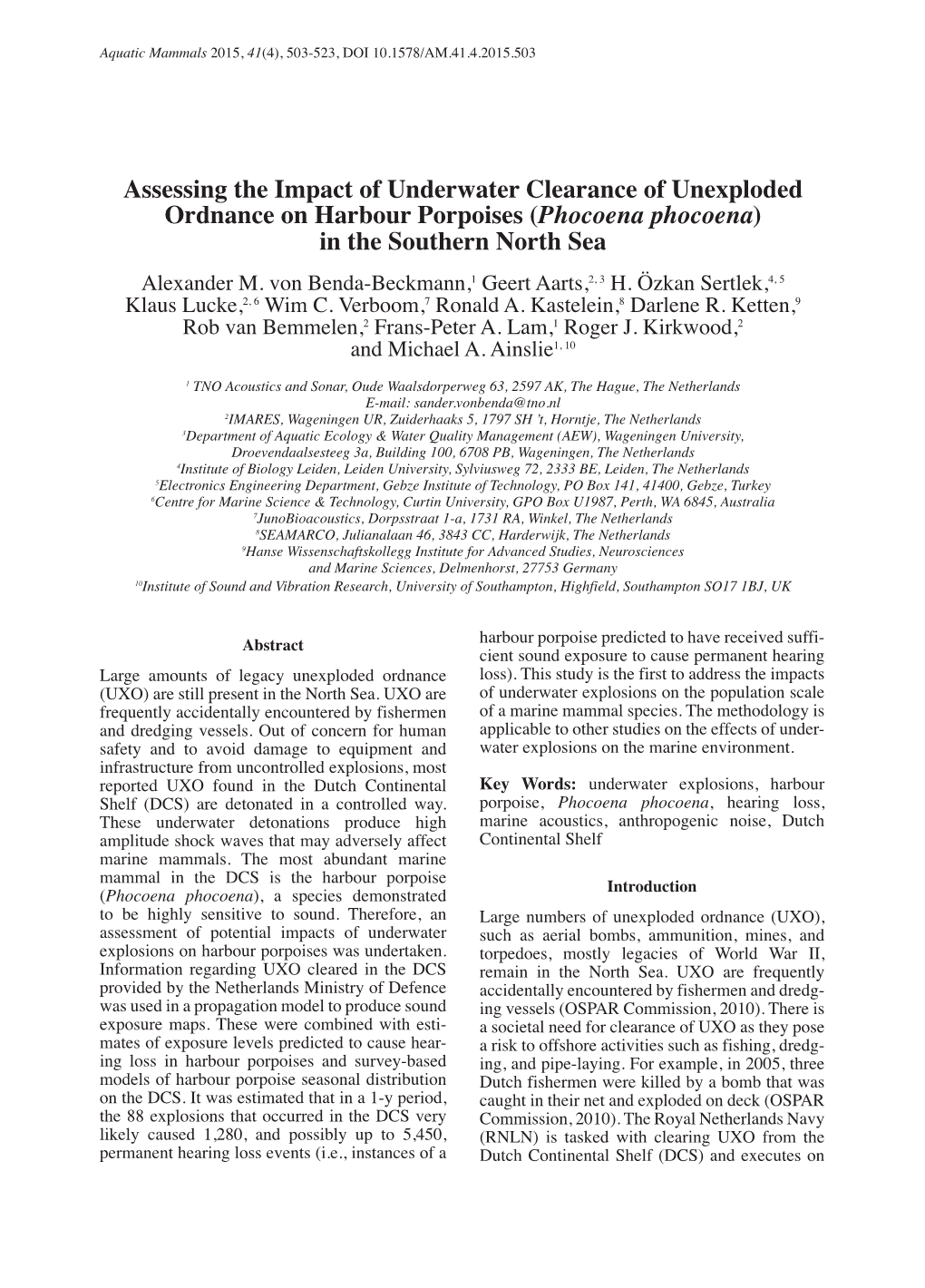 Assessing the Impact of Underwater Clearance of Unexploded Ordnance on Harbour Porpoises (Phocoena Phocoena) in the Southern North Sea Alexander M