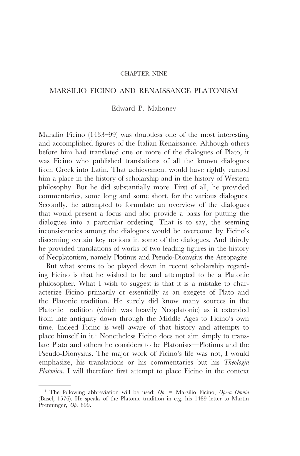 Marsilio Ficino and Renaissance Platonism