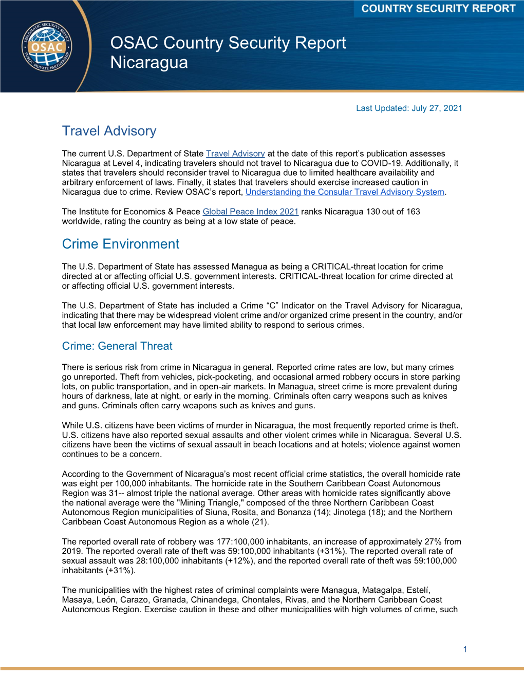OSAC Country Security Report Nicaragua