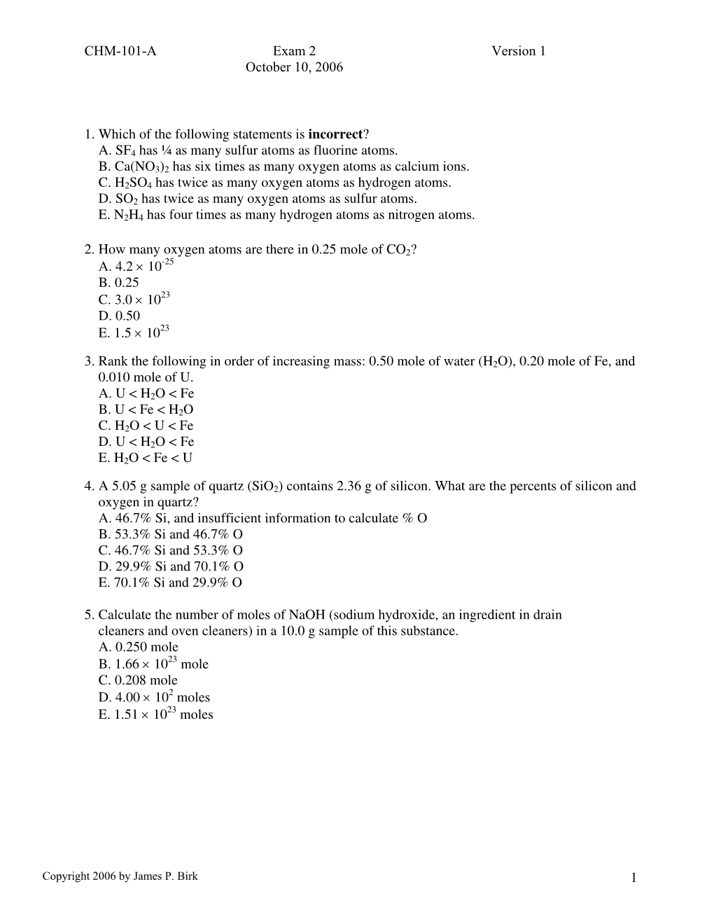 Exam 2 Version 1 October 10, 2006