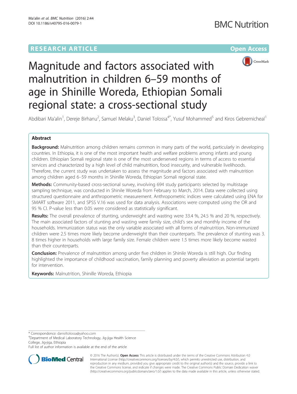 Magnitude and Factors Associated with Malnutrition in Children 6–59