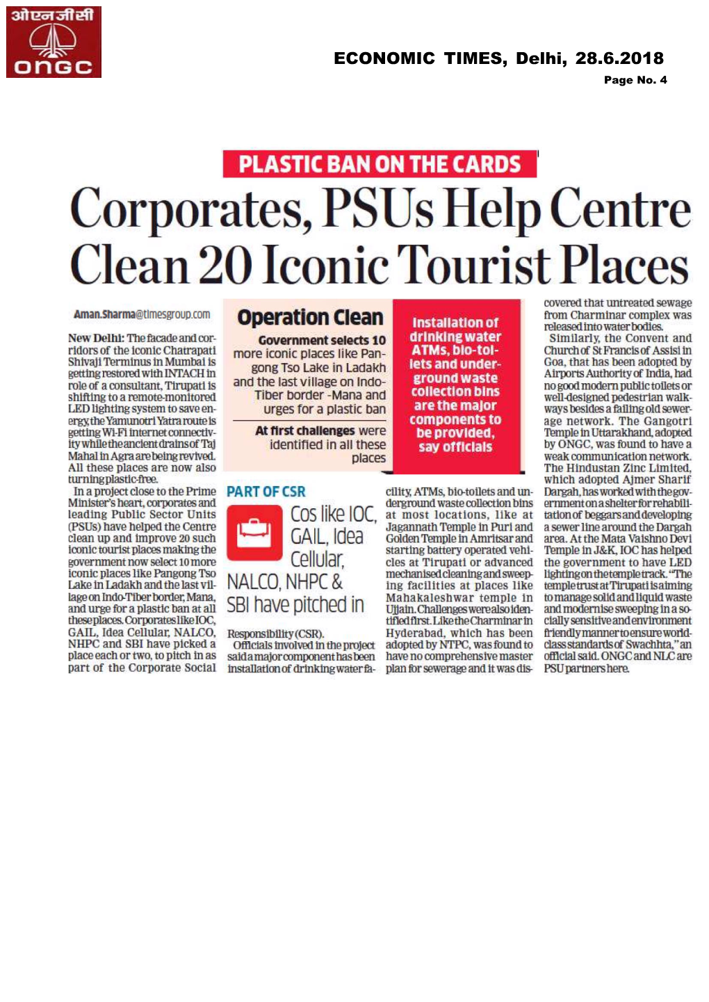 ECONOMIC TIMES, Delhi, 28.6.2018 Page No