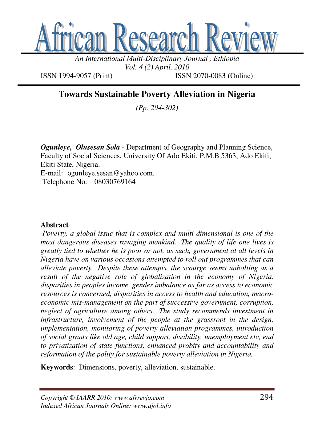 Towards Sustainable Poverty Alleviation in Nigeria (Pp