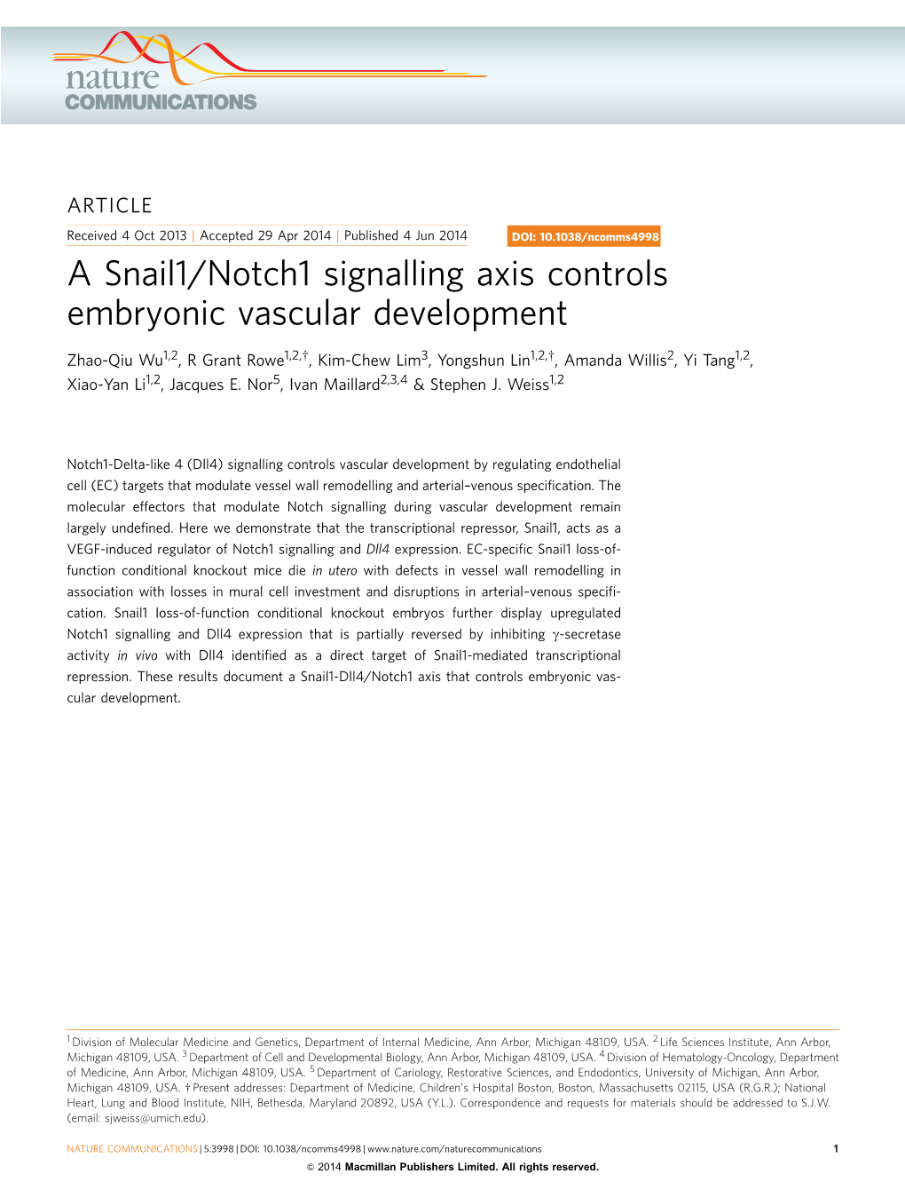 A Snail1/Notch1 Signalling Axis Controls Embryonic Vascular Development