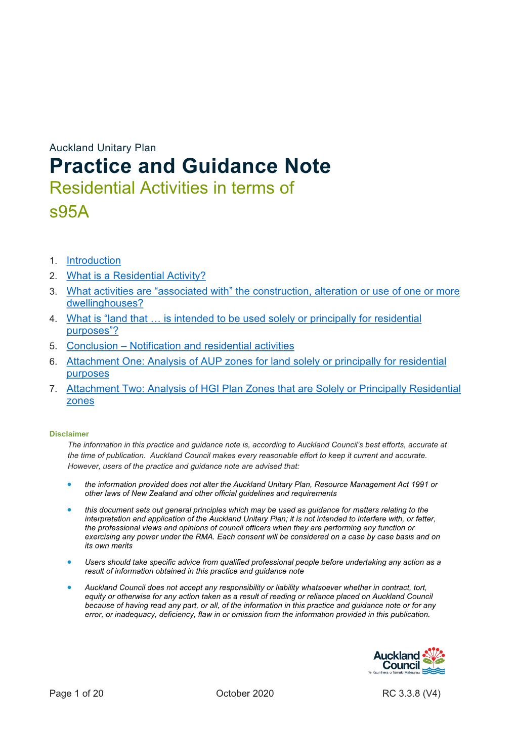 Practice and Guidance Note Residential Activities in Terms of S95a