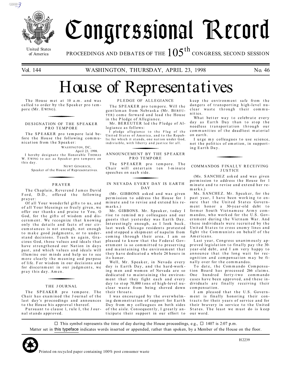 Congressional Record United States Th of America PROCEEDINGS and DEBATES of the 105 CONGRESS, SECOND SESSION