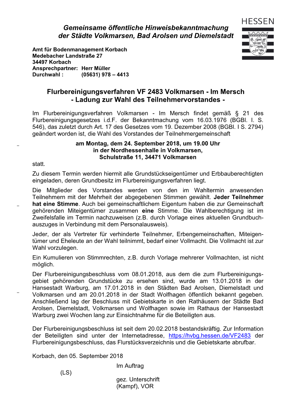 Gemeinsame Öffentliche Hinweisbekanntmachung Der Städte Volkmarsen, Bad Arolsen Und Diemelstadt