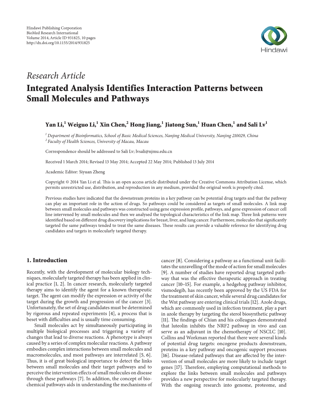 Integrated Analysis Identifies Interaction Patterns Between Small Molecules and Pathways