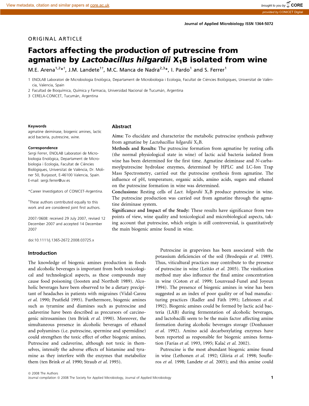 Factors Affecting the Production of Putrescine from Agmatine by Lactobacillus Hilgardii X1B Isolated from Wine M.E