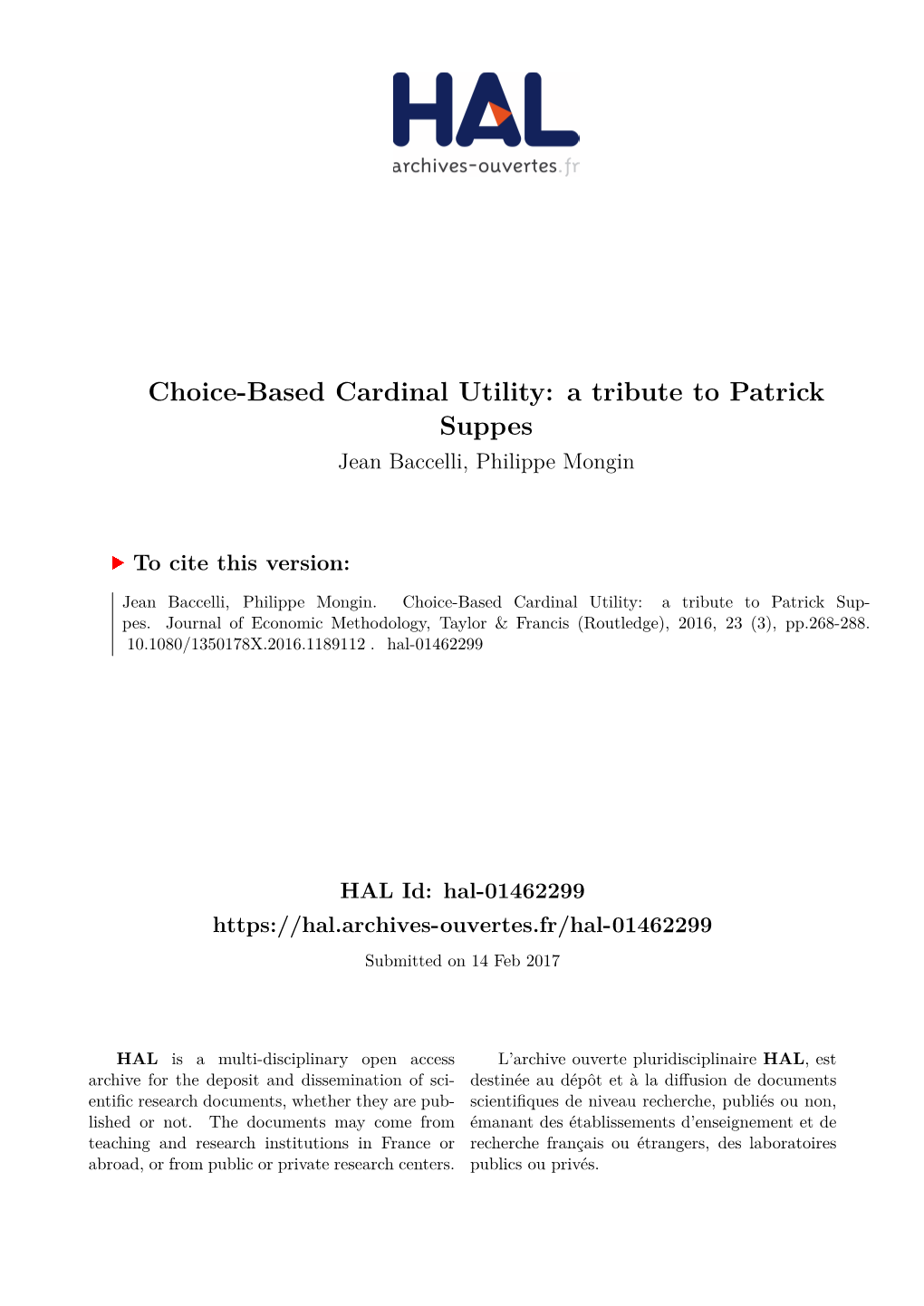 Choice-Based Cardinal Utility: a Tribute to Patrick Suppes Jean Baccelli, Philippe Mongin