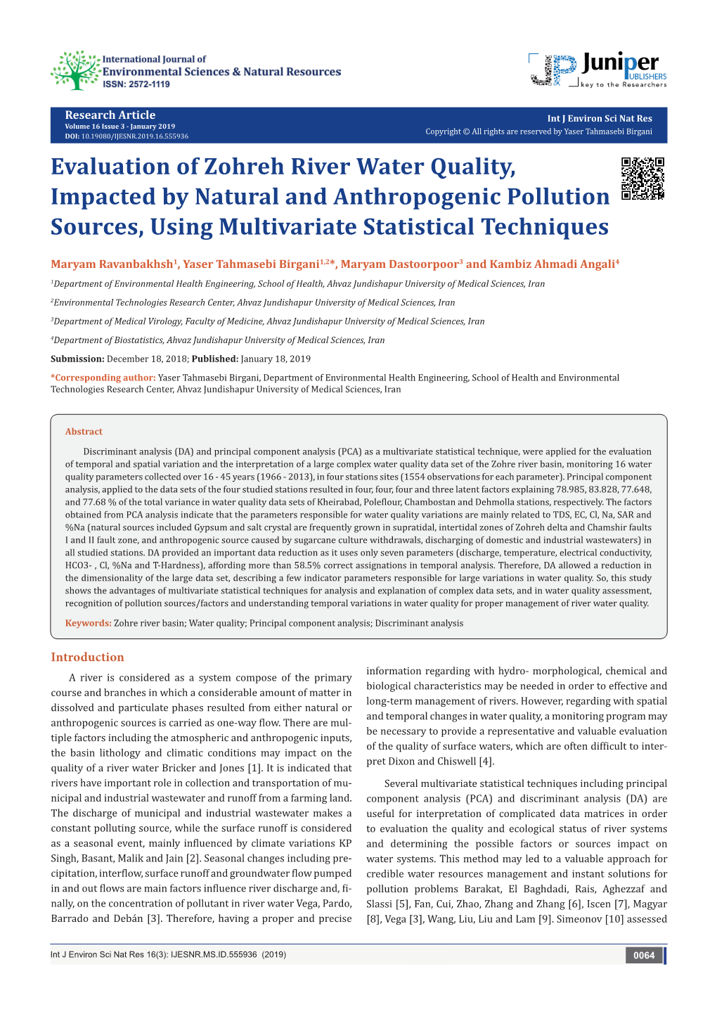 Evaluation of Zohreh River Water Quality, Impacted by Natural and Anthropogenic Pollution Sources, Using Multivariate Statistical Techniques