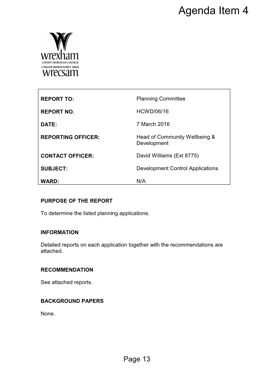 Agenda Document for Planning Committee, 07/03/2016 16:00