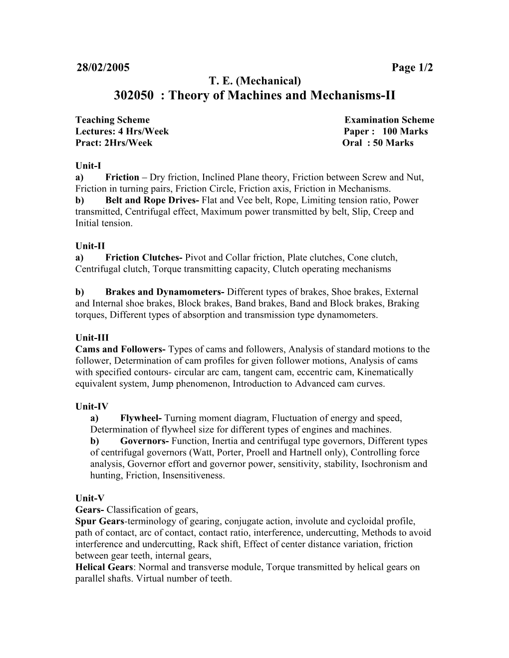 302050 : Theory of Machines and Mechanisms-II