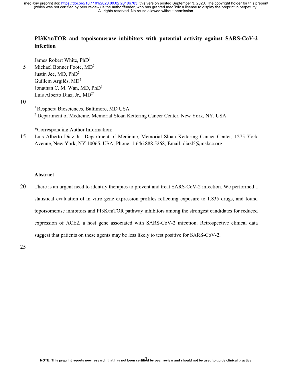 PI3K/Mtor and Topoisomerase Inhibitors with Potential Activity Against SARS-Cov-2 Infection