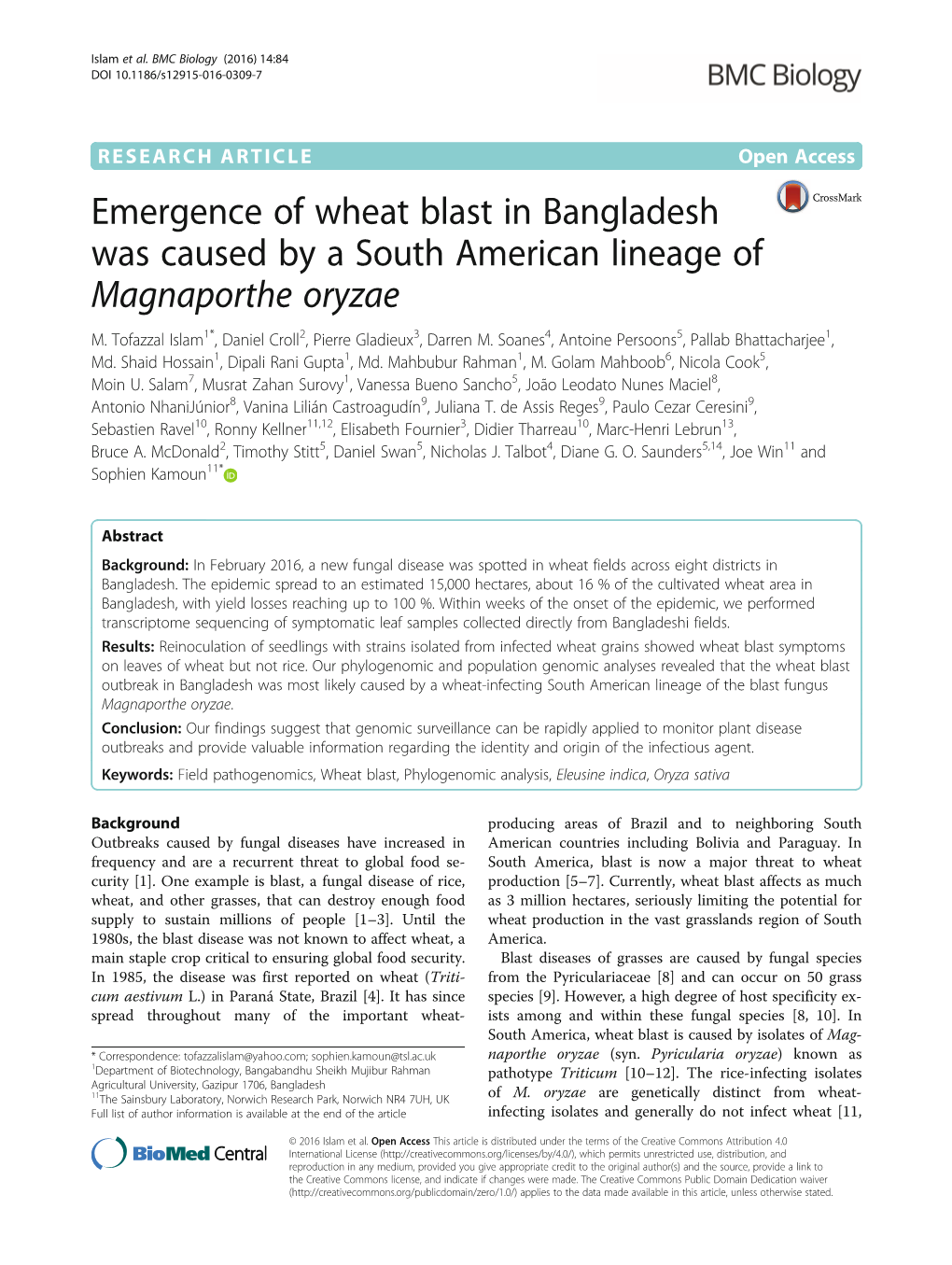 Emergence of Wheat Blast in Bangladesh Was Caused by a South American Lineage of Magnaporthe Oryzae M