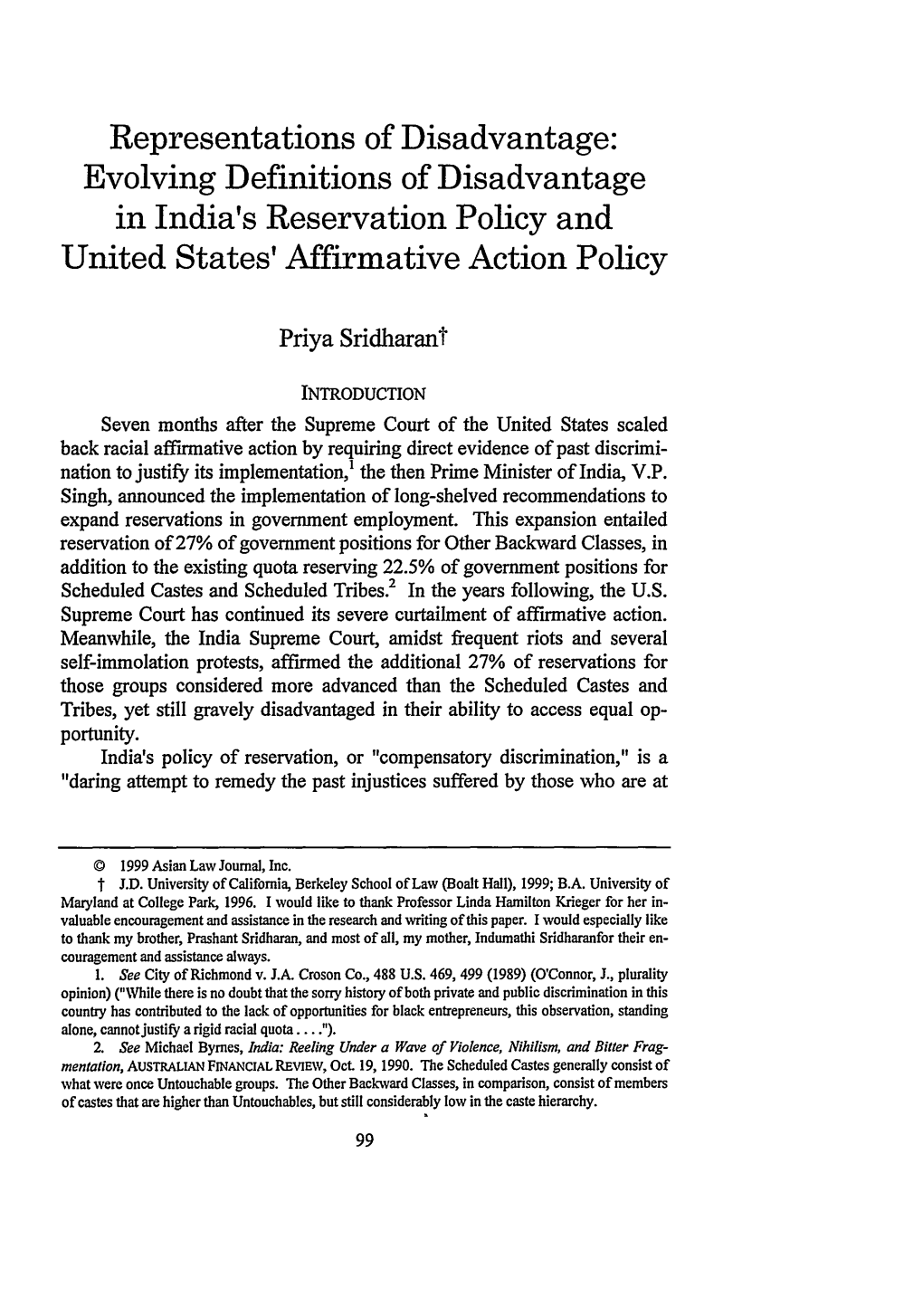 Evolving Definitions of Disadvantage in India's Reservation Policy and United States' Affirmative Action Policy