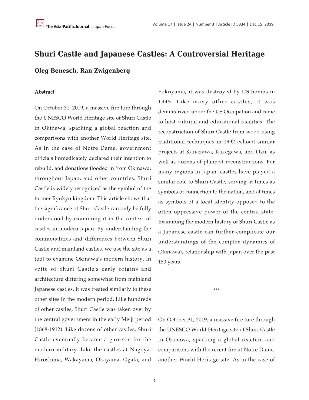 Shuri Castle and Japanese Castles: a Controversial Heritage