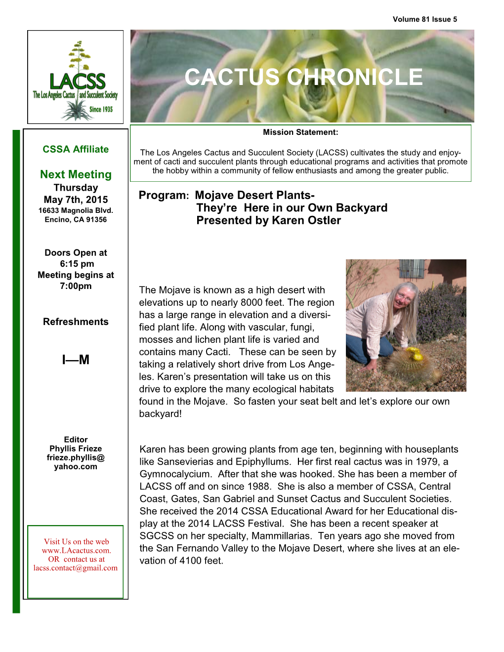 May 7Th, 2015 Program: Mojave Desert Plants- 16633 Magnolia Blvd